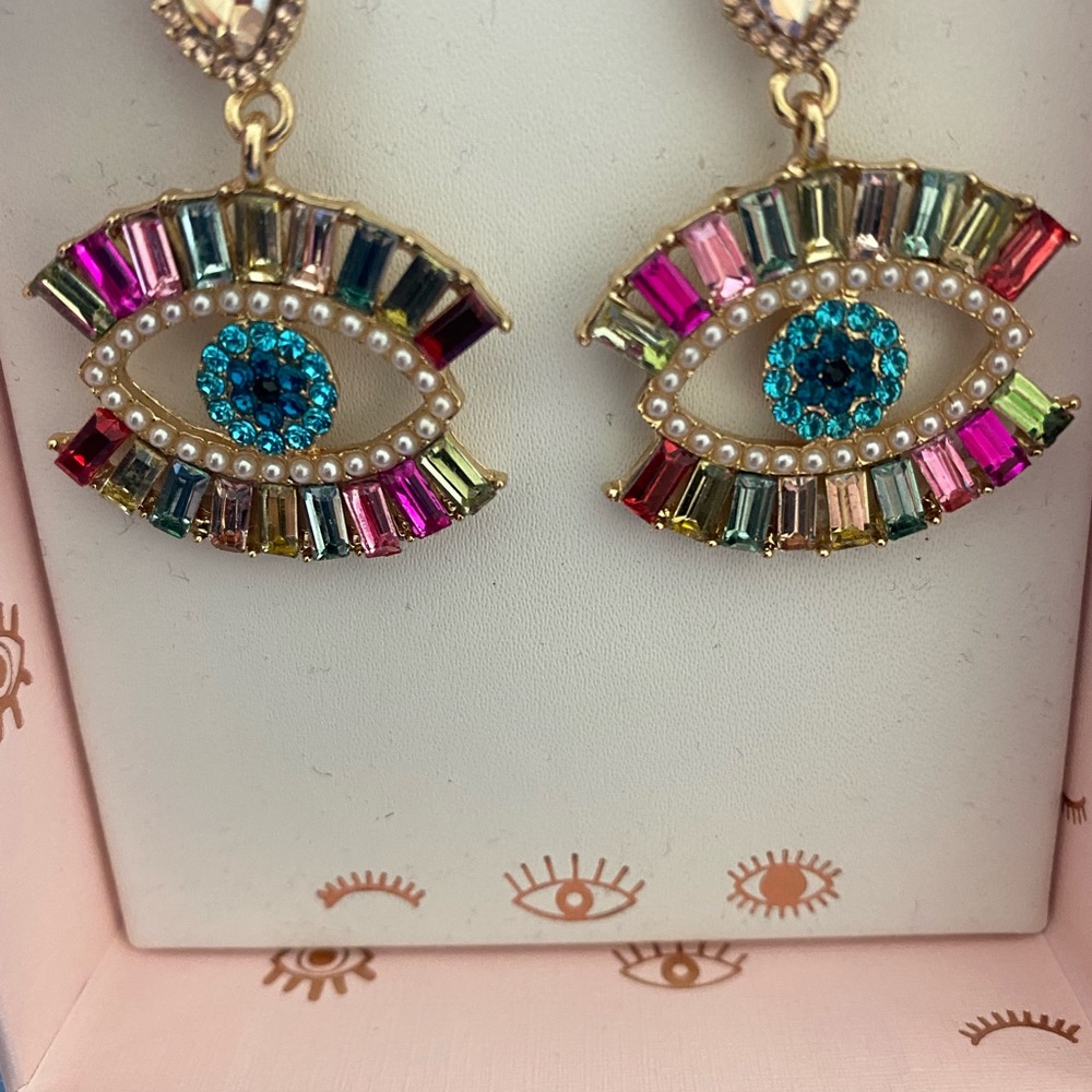 Evil Eye Rainbow EARRINGS Rhinestones in BOX